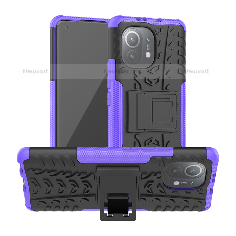 Silicone Matte Finish and Plastic Back Cover Case with Stand R06 for Xiaomi Mi 11 5G Purple