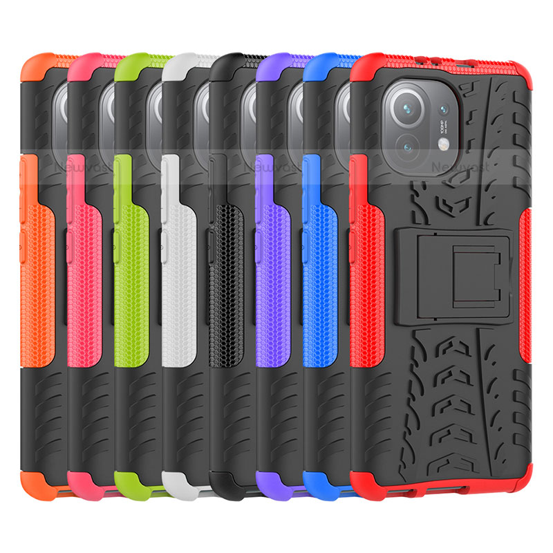 Silicone Matte Finish and Plastic Back Cover Case with Stand R06 for Xiaomi Mi 11 Lite 4G