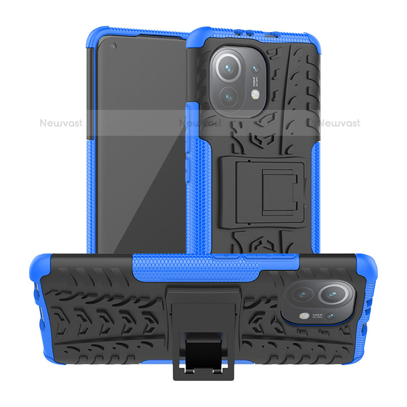 Silicone Matte Finish and Plastic Back Cover Case with Stand R06 for Xiaomi Mi 11 Lite 5G NE Blue