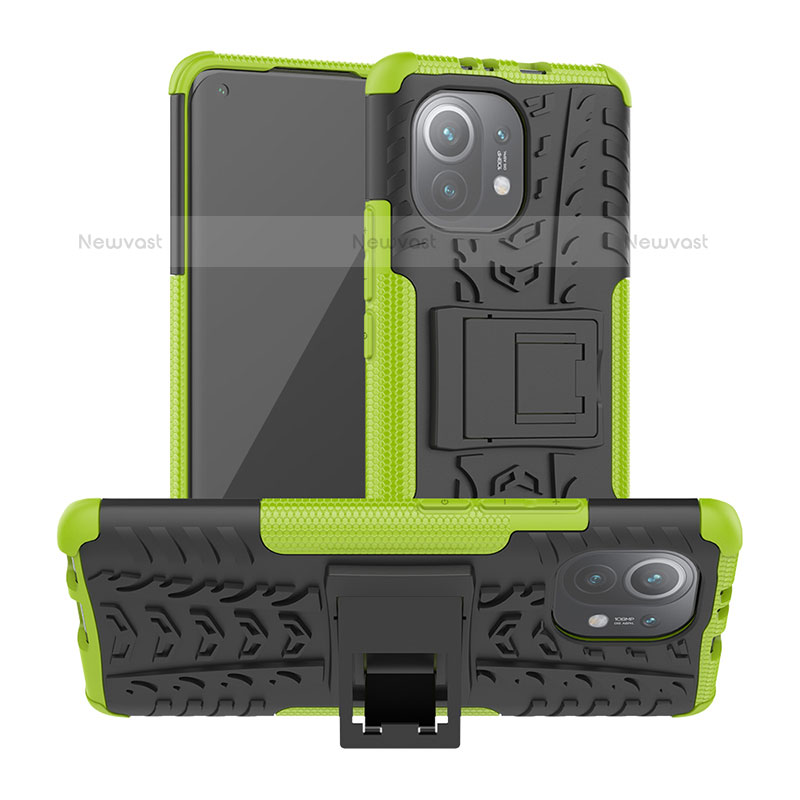 Silicone Matte Finish and Plastic Back Cover Case with Stand R06 for Xiaomi Mi 11 Lite 5G NE Green