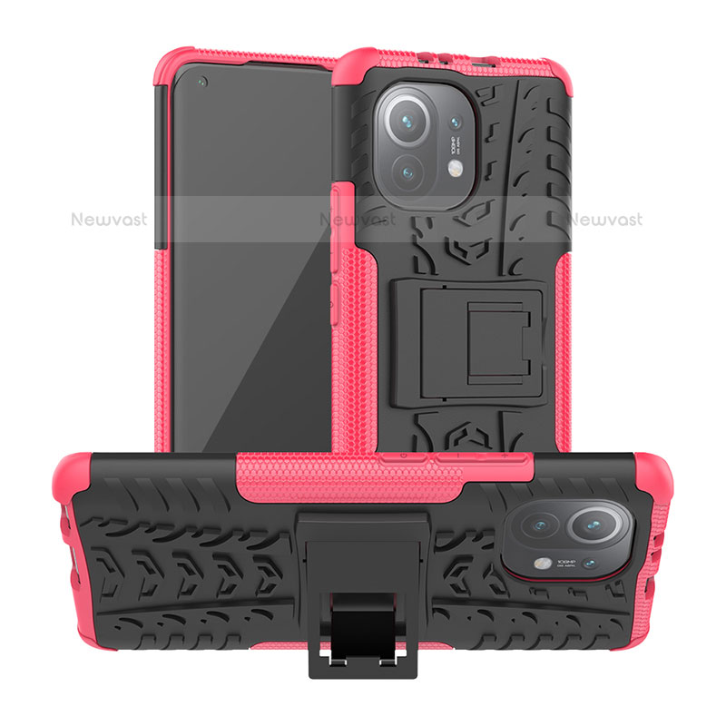 Silicone Matte Finish and Plastic Back Cover Case with Stand R06 for Xiaomi Mi 11 Lite 5G NE Hot Pink