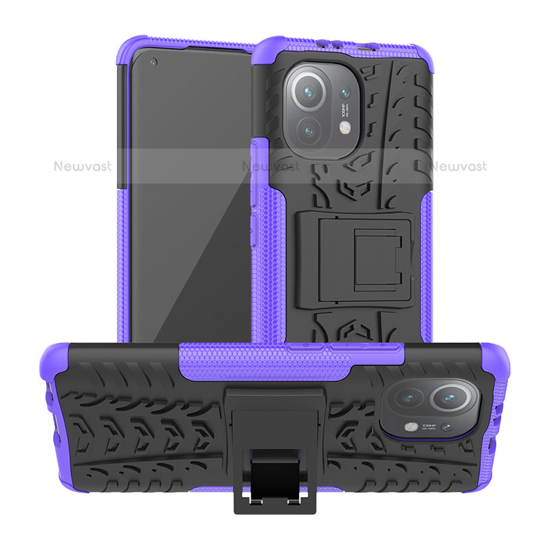 Silicone Matte Finish and Plastic Back Cover Case with Stand R06 for Xiaomi Mi 11 Lite 5G NE Purple