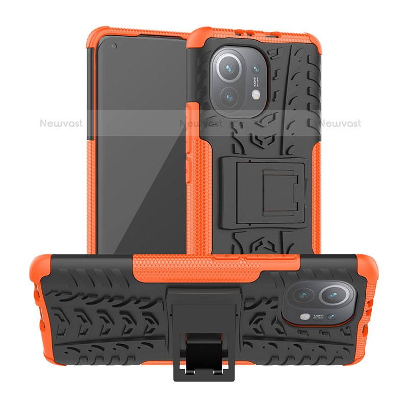 Silicone Matte Finish and Plastic Back Cover Case with Stand R06 for Xiaomi Mi 11 Lite 5G Orange