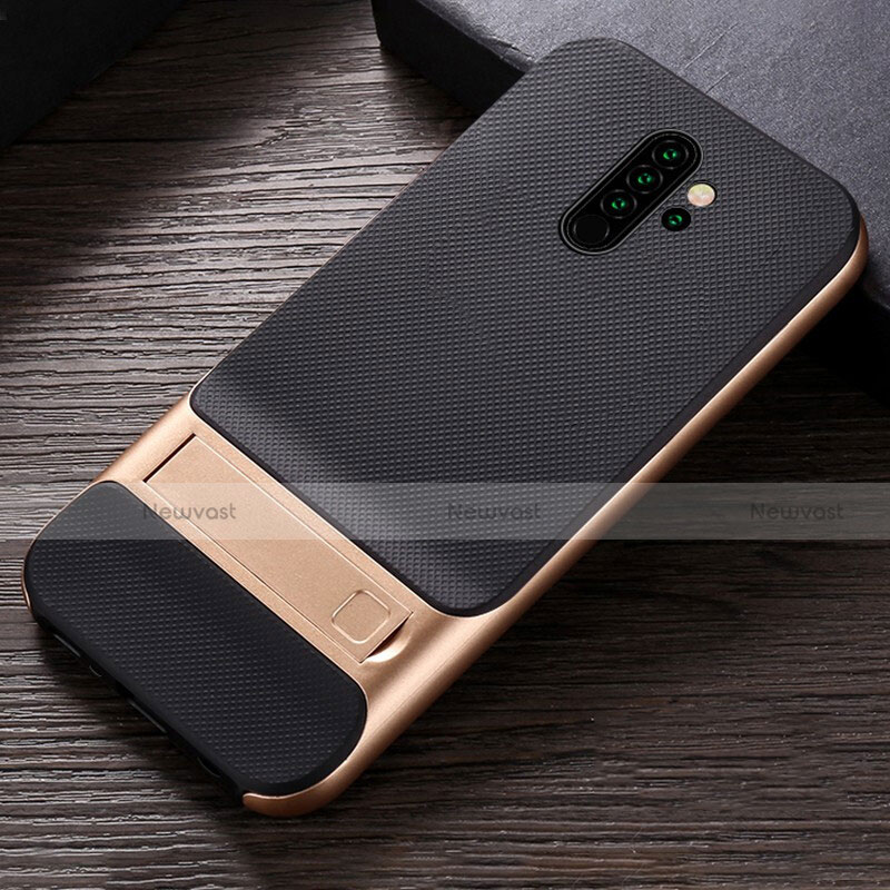 Silicone Matte Finish and Plastic Back Cover Case with Stand R06 for Xiaomi Redmi Note 8 Pro Gold