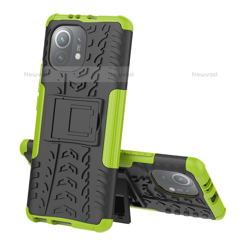 Silicone Matte Finish and Plastic Back Cover Case with Stand R07 for Xiaomi Mi 11 5G Green