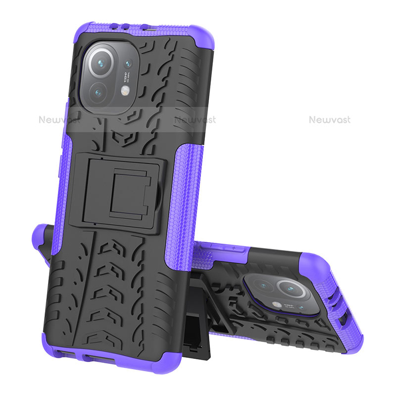 Silicone Matte Finish and Plastic Back Cover Case with Stand R07 for Xiaomi Mi 11 5G Purple