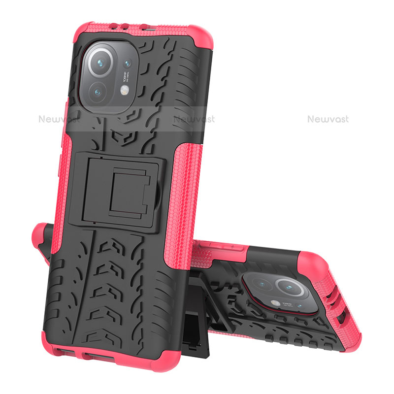 Silicone Matte Finish and Plastic Back Cover Case with Stand R07 for Xiaomi Mi 11 Lite 4G Hot Pink