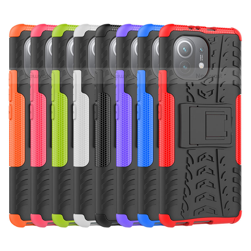 Silicone Matte Finish and Plastic Back Cover Case with Stand R07 for Xiaomi Mi 11 Lite 5G NE