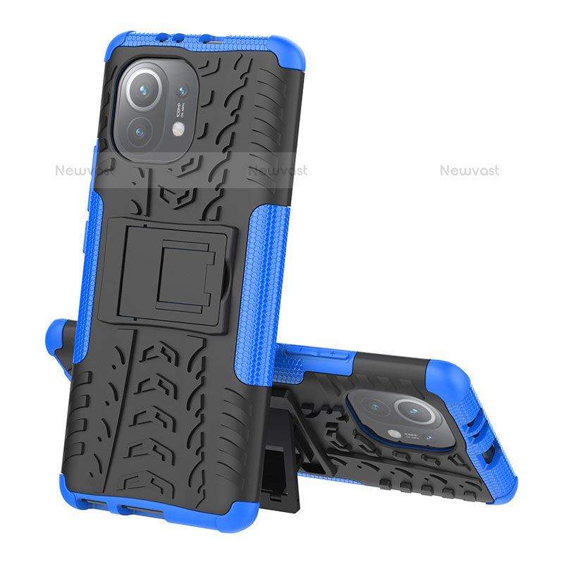Silicone Matte Finish and Plastic Back Cover Case with Stand R07 for Xiaomi Mi 11 Lite 5G NE Blue