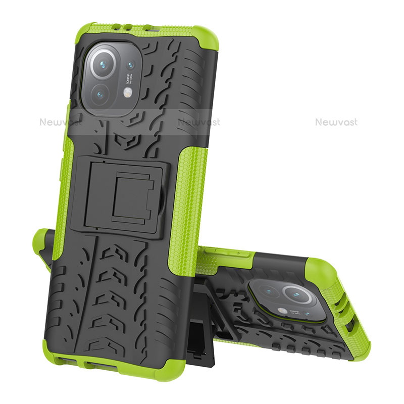 Silicone Matte Finish and Plastic Back Cover Case with Stand R07 for Xiaomi Mi 11 Lite 5G NE Green