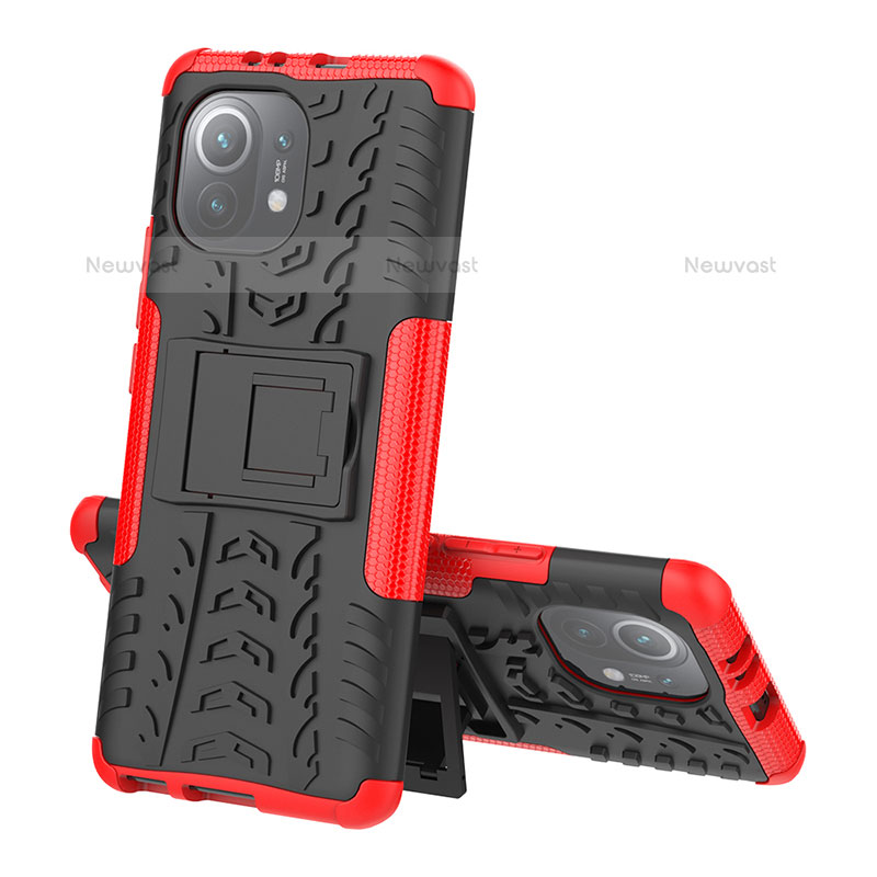 Silicone Matte Finish and Plastic Back Cover Case with Stand R07 for Xiaomi Mi 11 Lite 5G NE Red