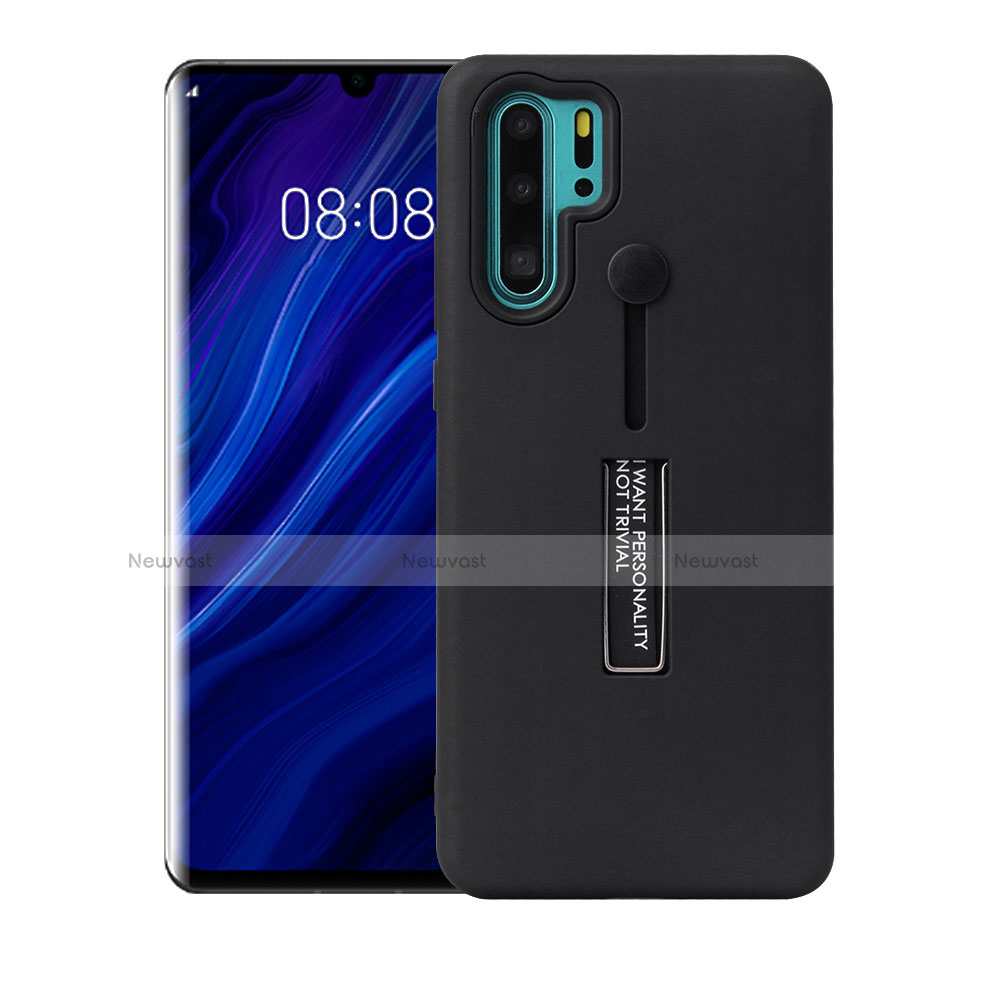 Silicone Matte Finish and Plastic Back Cover Case with Stand T01 for Huawei P30 Pro New Edition Black