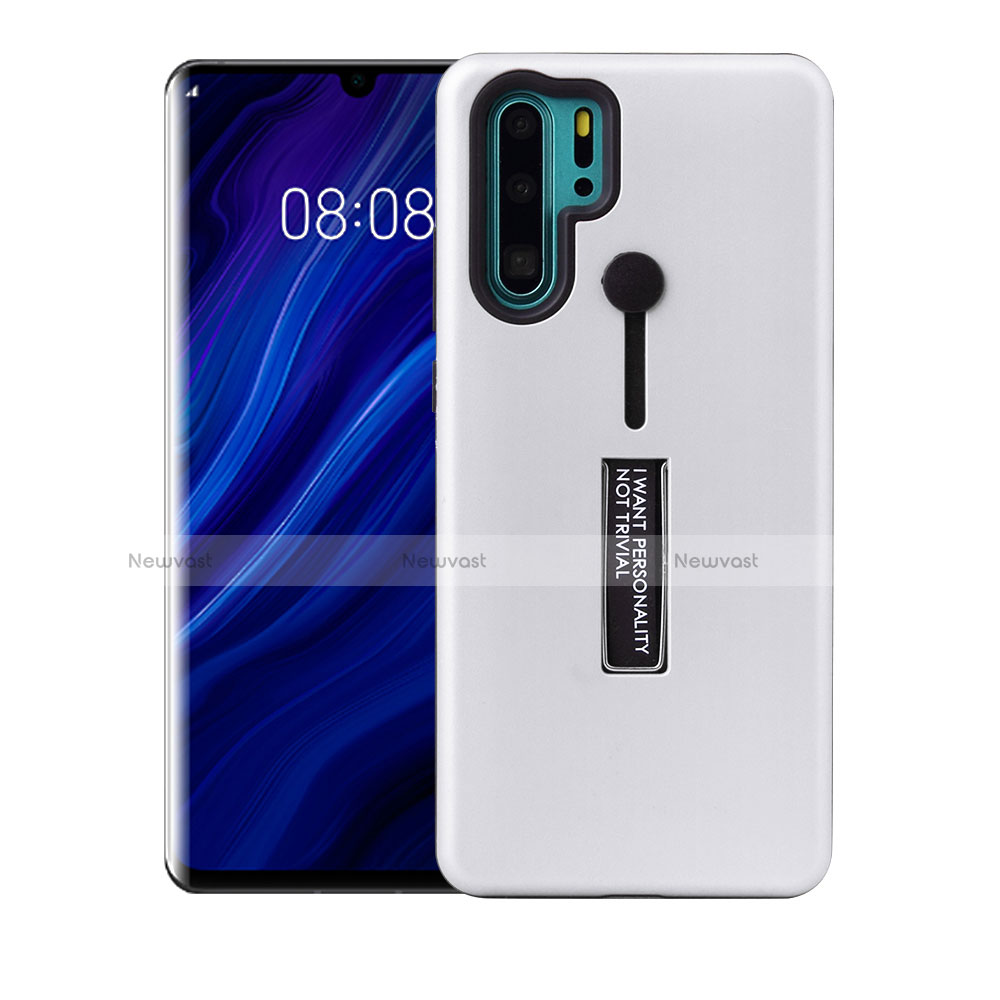 Silicone Matte Finish and Plastic Back Cover Case with Stand T01 for Huawei P30 Pro New Edition White