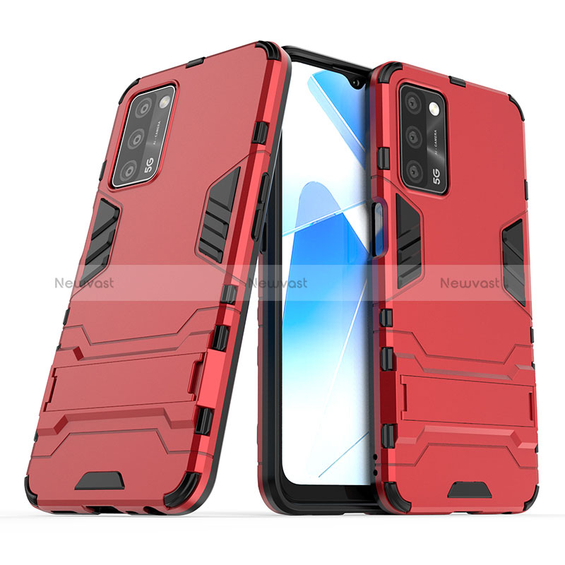 Silicone Matte Finish and Plastic Back Cover Case with Stand T01 for Oppo A53s 5G Red