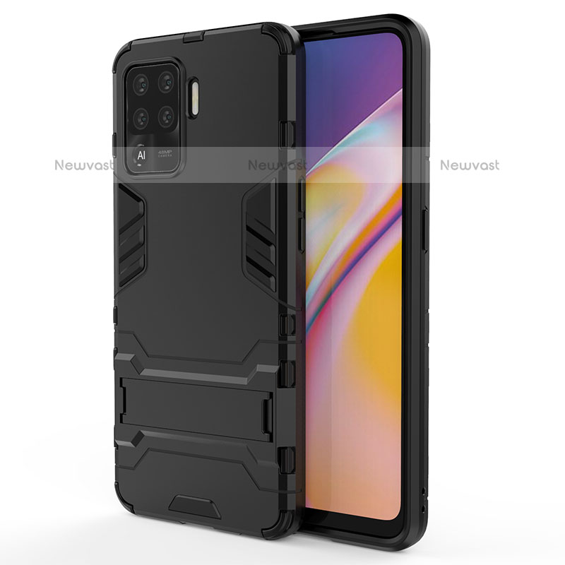 Silicone Matte Finish and Plastic Back Cover Case with Stand T01 for Oppo A94 4G Black