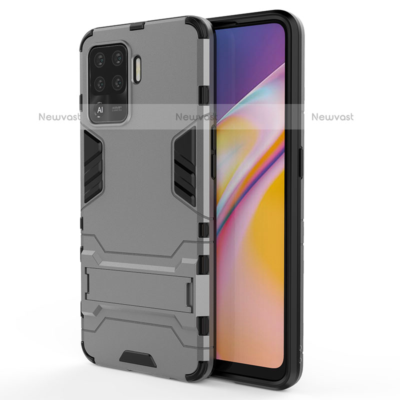 Silicone Matte Finish and Plastic Back Cover Case with Stand T01 for Oppo A94 4G Gray