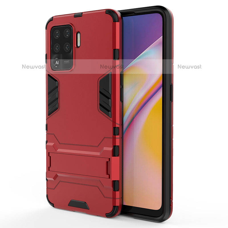 Silicone Matte Finish and Plastic Back Cover Case with Stand T01 for Oppo A94 4G Red