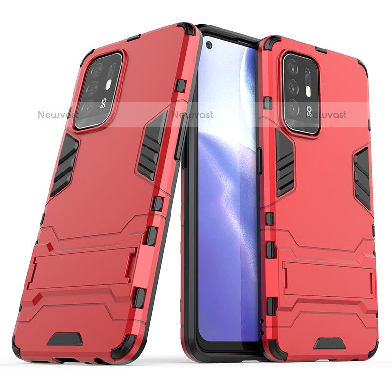 Silicone Matte Finish and Plastic Back Cover Case with Stand T01 for Oppo A95 5G Red