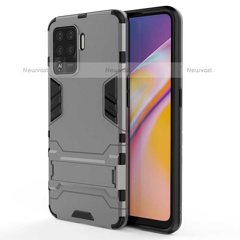 Silicone Matte Finish and Plastic Back Cover Case with Stand T01 for Oppo F19 Pro Gray