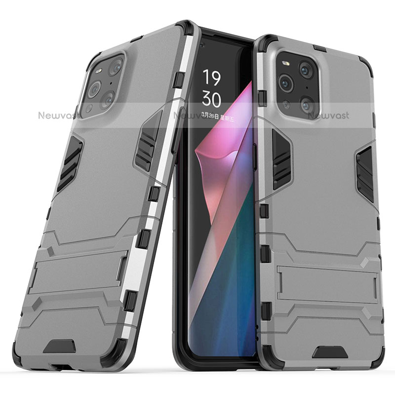 Silicone Matte Finish and Plastic Back Cover Case with Stand T01 for Oppo Find X3 Pro 5G Gray