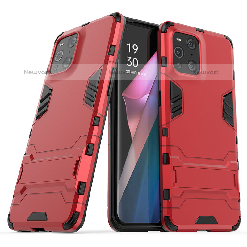 Silicone Matte Finish and Plastic Back Cover Case with Stand T01 for Oppo Find X3 Pro 5G Red