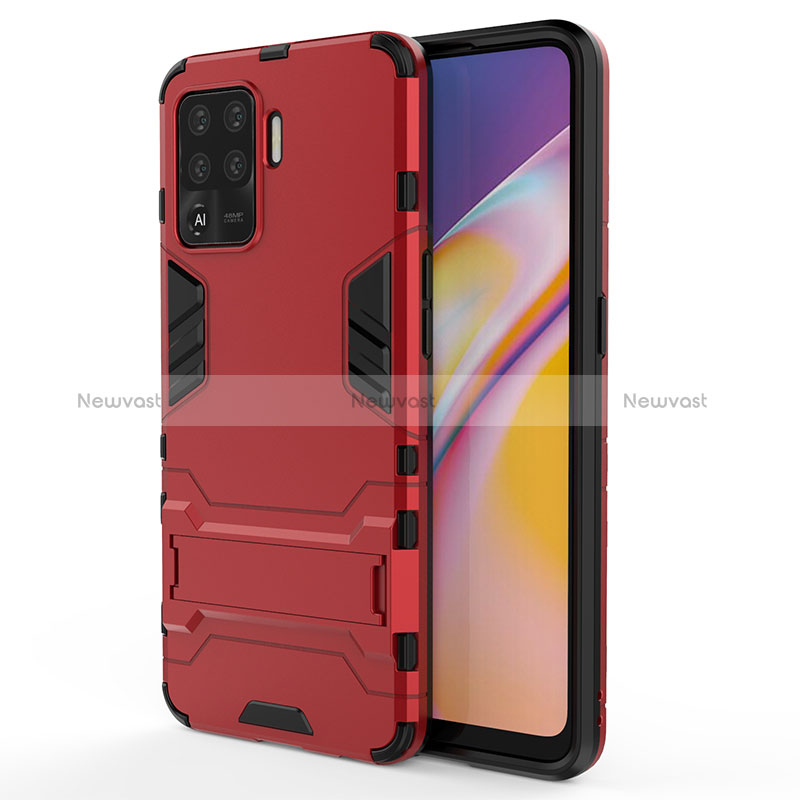 Silicone Matte Finish and Plastic Back Cover Case with Stand T01 for Oppo Reno5 Lite Red