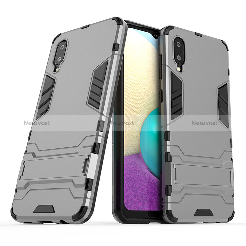 Silicone Matte Finish and Plastic Back Cover Case with Stand T01 for Samsung Galaxy A02 Gray