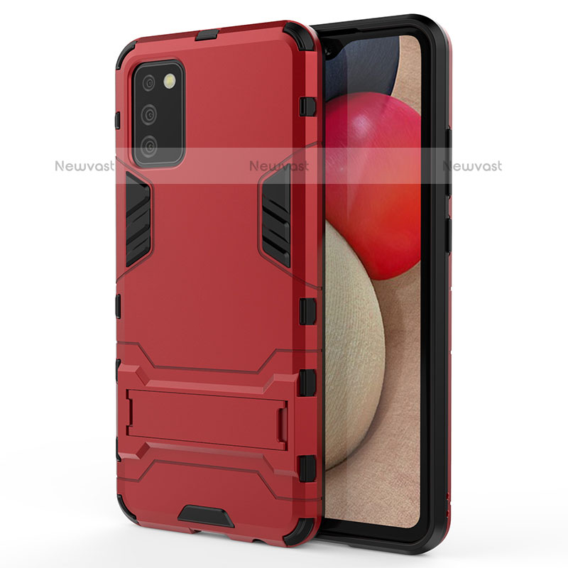 Silicone Matte Finish and Plastic Back Cover Case with Stand T01 for Samsung Galaxy A02s Red