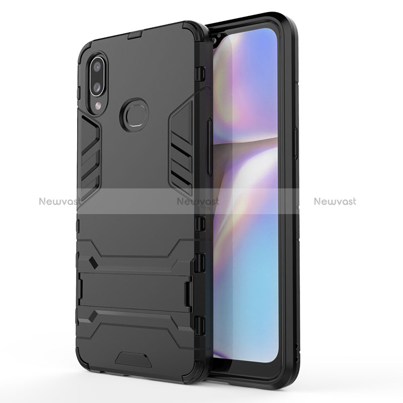 Silicone Matte Finish and Plastic Back Cover Case with Stand T01 for Samsung Galaxy A10s Black