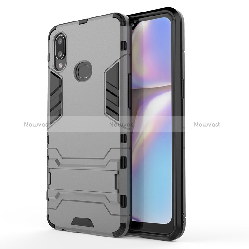 Silicone Matte Finish and Plastic Back Cover Case with Stand T01 for Samsung Galaxy A10s Gray