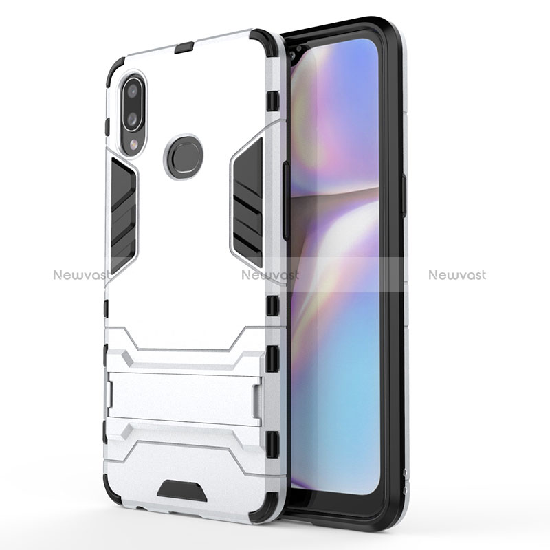 Silicone Matte Finish and Plastic Back Cover Case with Stand T01 for Samsung Galaxy A10s Silver