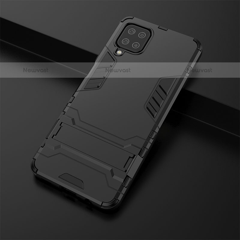 Silicone Matte Finish and Plastic Back Cover Case with Stand T01 for Samsung Galaxy A12