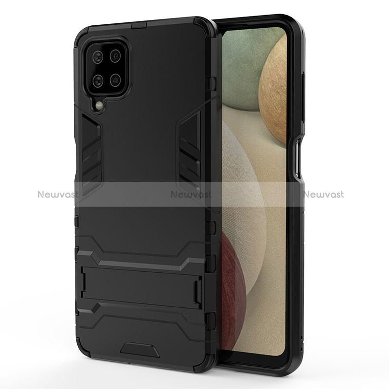 Silicone Matte Finish and Plastic Back Cover Case with Stand T01 for Samsung Galaxy A12 Nacho Black