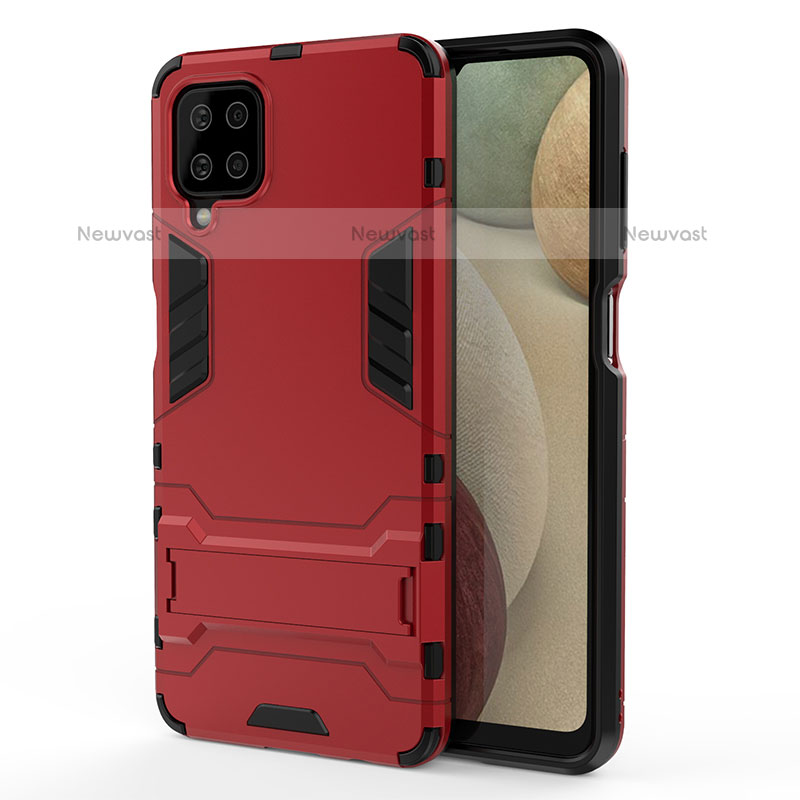 Silicone Matte Finish and Plastic Back Cover Case with Stand T01 for Samsung Galaxy A12 Red