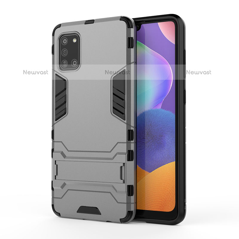 Silicone Matte Finish and Plastic Back Cover Case with Stand T01 for Samsung Galaxy A31 Gray