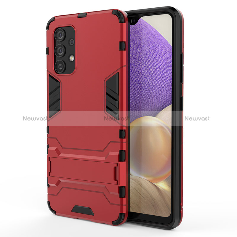 Silicone Matte Finish and Plastic Back Cover Case with Stand T01 for Samsung Galaxy A32 5G Red