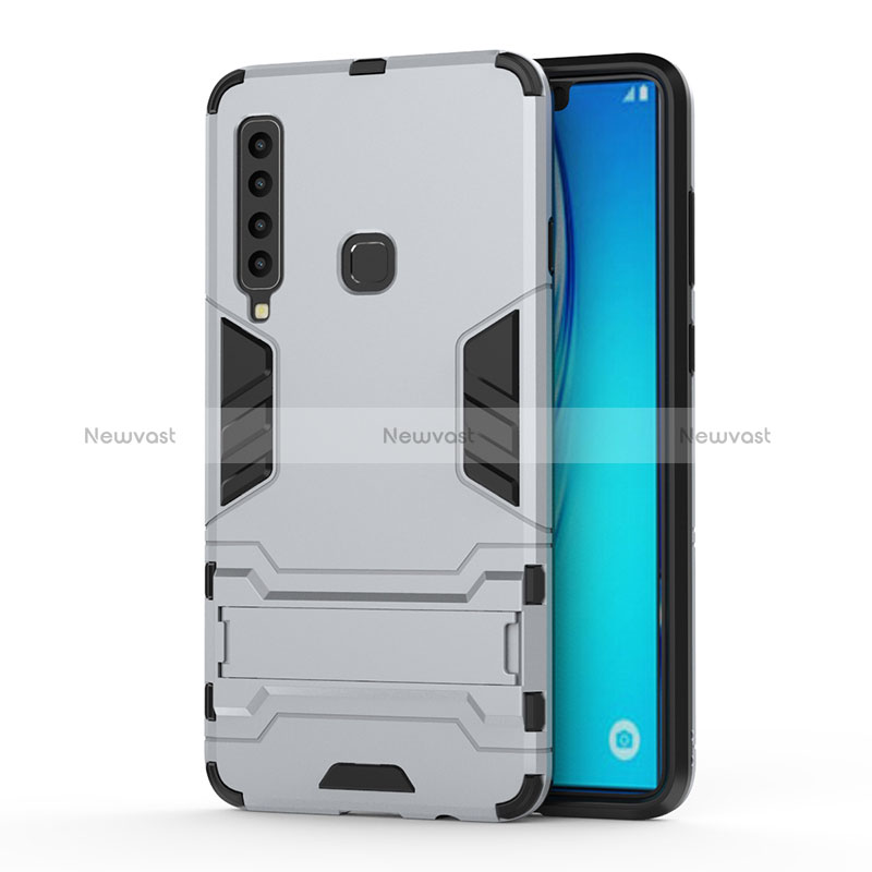 Silicone Matte Finish and Plastic Back Cover Case with Stand T01 for Samsung Galaxy A9 (2018) A920 Silver