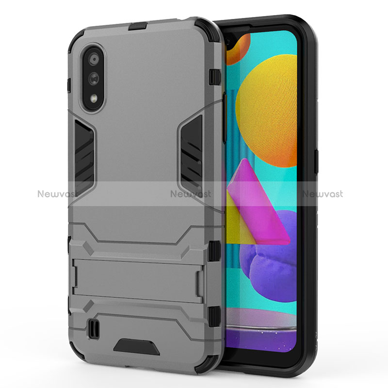 Silicone Matte Finish and Plastic Back Cover Case with Stand T01 for Samsung Galaxy M01 Gray