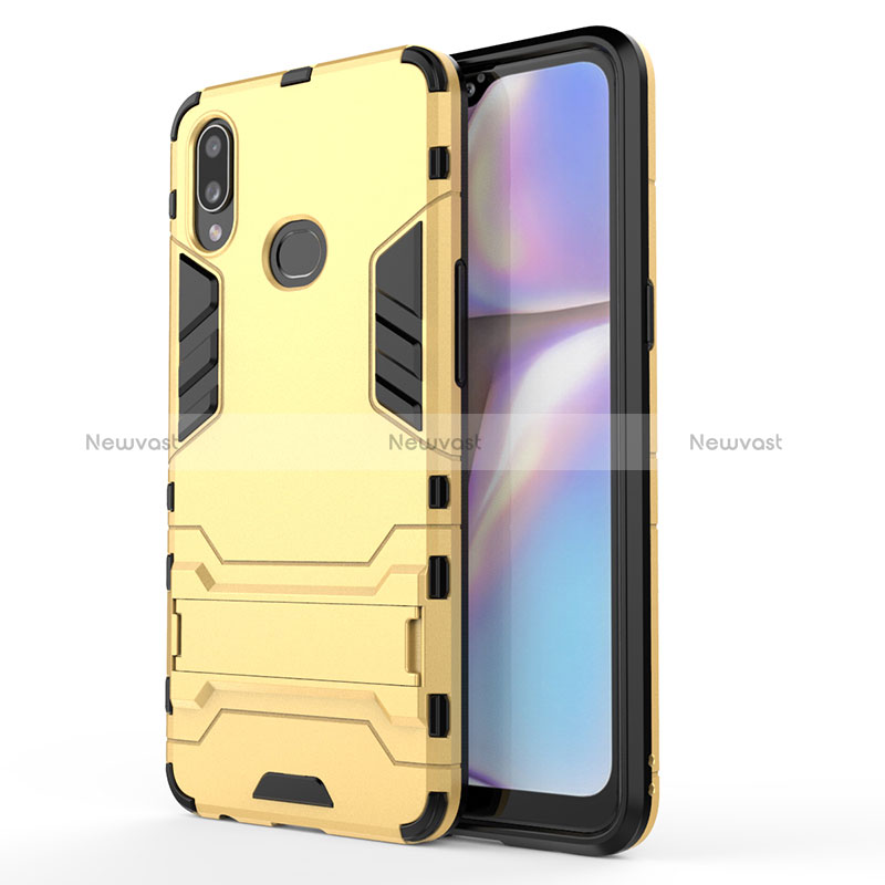 Silicone Matte Finish and Plastic Back Cover Case with Stand T01 for Samsung Galaxy M01s Gold