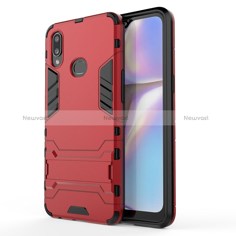 Silicone Matte Finish and Plastic Back Cover Case with Stand T01 for Samsung Galaxy M01s Red