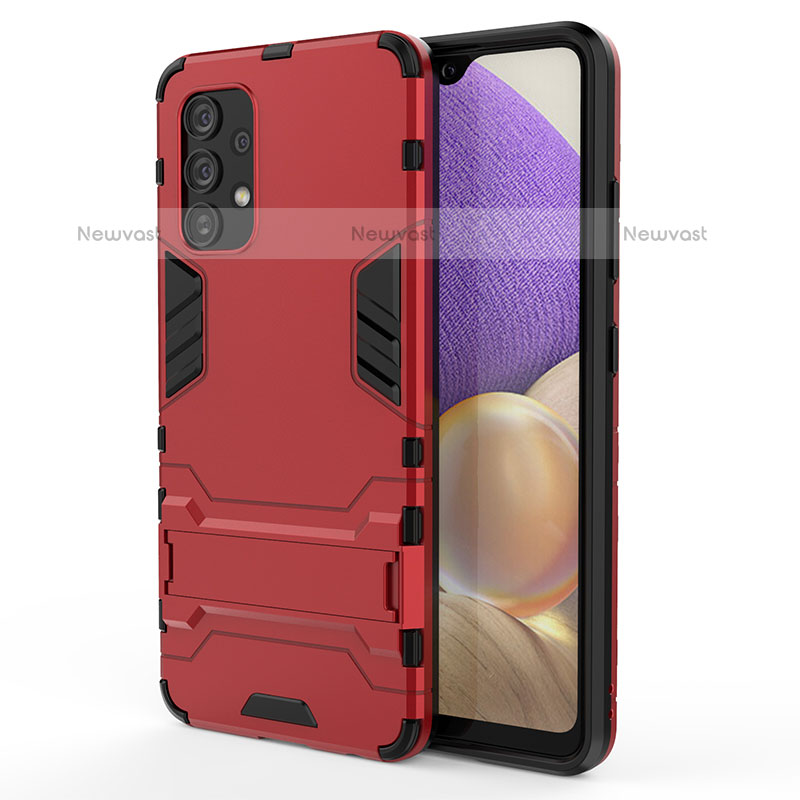 Silicone Matte Finish and Plastic Back Cover Case with Stand T01 for Samsung Galaxy M32 5G Red