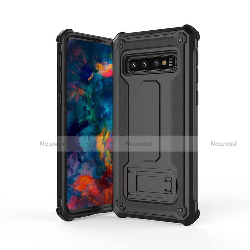 Silicone Matte Finish and Plastic Back Cover Case with Stand T01 for Samsung Galaxy S10 5G Black