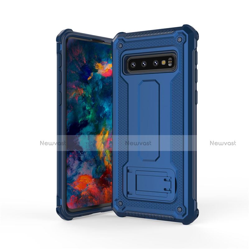 Silicone Matte Finish and Plastic Back Cover Case with Stand T01 for Samsung Galaxy S10 5G Blue