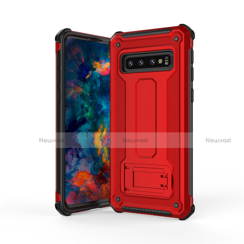 Silicone Matte Finish and Plastic Back Cover Case with Stand T01 for Samsung Galaxy S10 5G Red