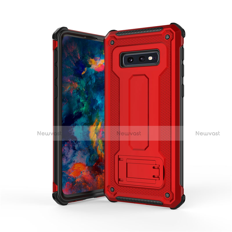 Silicone Matte Finish and Plastic Back Cover Case with Stand T01 for Samsung Galaxy S10e Red