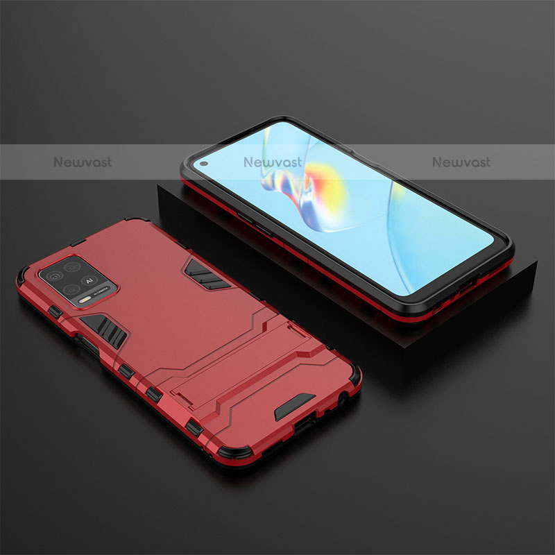 Silicone Matte Finish and Plastic Back Cover Case with Stand T02 for Oppo A54 4G Red