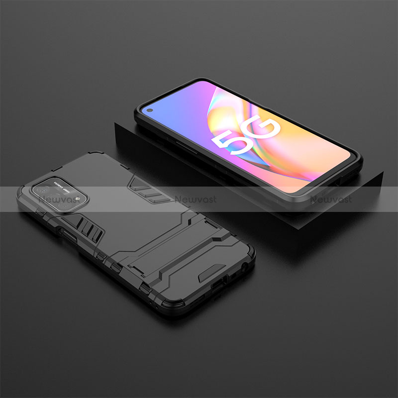 Silicone Matte Finish and Plastic Back Cover Case with Stand T02 for Oppo A54 5G Black