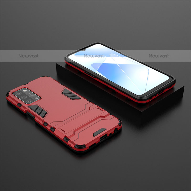 Silicone Matte Finish and Plastic Back Cover Case with Stand T02 for Oppo A55 5G Red