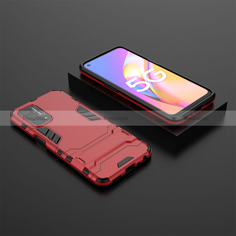 Silicone Matte Finish and Plastic Back Cover Case with Stand T02 for Oppo A74 5G Red