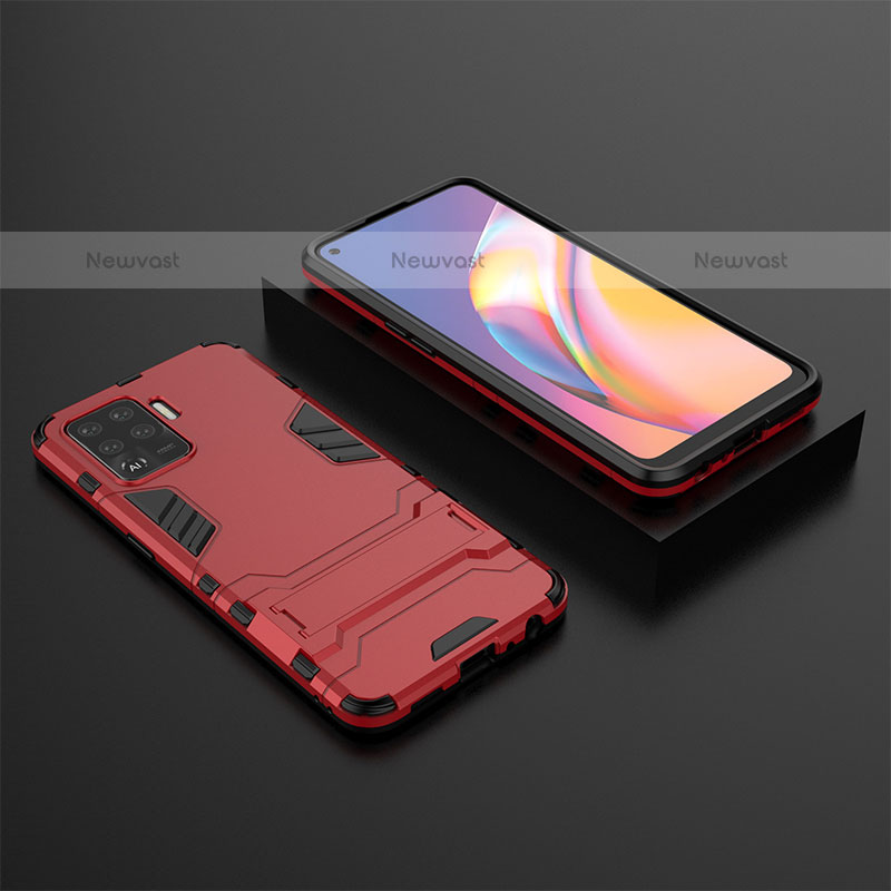 Silicone Matte Finish and Plastic Back Cover Case with Stand T02 for Oppo A94 4G Red